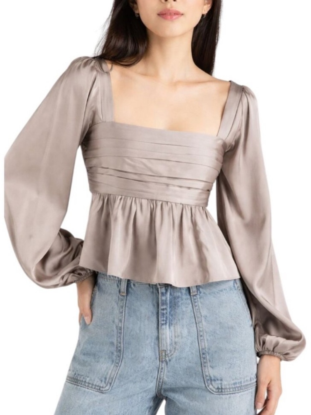 Abercrombie & Fitch Emerson Satin Taupe Square-Neck Peplum Blouse